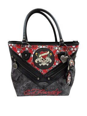 Ed Hardy Signature Vegan Large Tote - Black and Red - Skulls -Y2K- NWT
